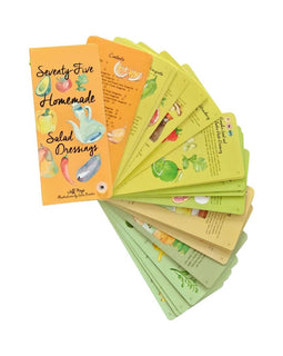Set of colorful recipe cards for salad dressings on a white background