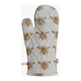 Quilted oven glove with a honey bee print, made from sustainable recycled cotton, measuring 7"x13", designed for heat protection and eco-friendly kitchens.