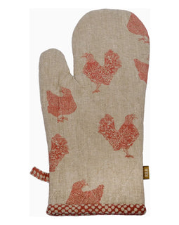 Quilted oven glove with playful chicken pattern, made from sustainable recycled cotton, measuring 7"x13", designed for heat protection and farmhouse style.

