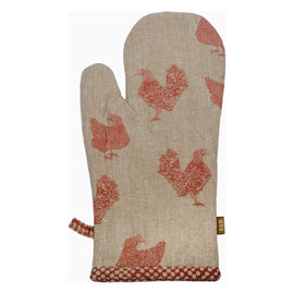 Quilted oven glove with playful chicken pattern, made from sustainable recycled cotton, measuring 7"x13", designed for heat protection and farmhouse style.


