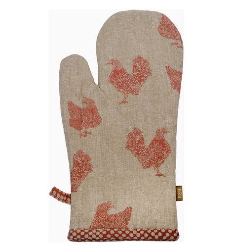 Quilted oven glove with playful chicken pattern, made from sustainable recycled cotton, measuring 7