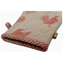 Quilted oven glove with playful chicken pattern, made from sustainable recycled cotton, measuring 7"x13", designed for heat protection and farmhouse style.

