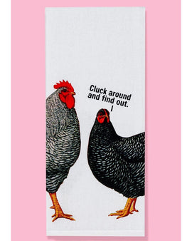 funny chicken dish towel, cluck around and find out towel, farmhouse kitchen towel, chicken lover gift, humorous kitchen towel, cotton dish towel