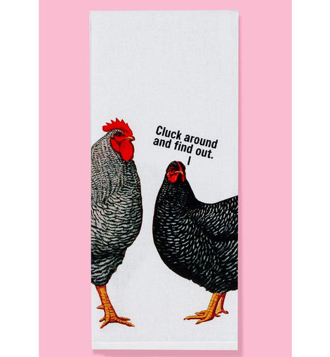 funny chicken dish towel, cluck around and find out towel, farmhouse kitchen towel, chicken lover gift, humorous kitchen towel, cotton dish towel