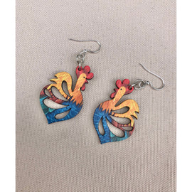 Wooden rooster-shaped earrings with hypoallergenic silver stainless steel ear wires, measuring 1.65" x 1.2", 