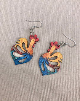 Wooden rooster-shaped earrings with hypoallergenic silver stainless steel ear wires, measuring 1.65" x 1.2", 