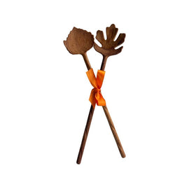 Close-up of handcrafted Fall Leaf Salad Servers with leaf-shaped handles 