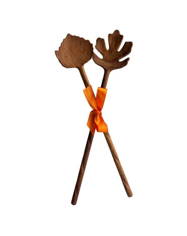 Close-up of handcrafted Fall Leaf Salad Servers with leaf-shaped handles 