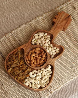 Wooden server tray in the shape of a guitar, measuring 17" x 9" x 1.5", perfect for serving food or as a decorative centerpiece for music lovers.
