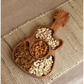 Wooden server tray in the shape of a guitar, measuring 17" x 9" x 1.5", perfect for serving food or as a decorative centerpiece for music lovers.