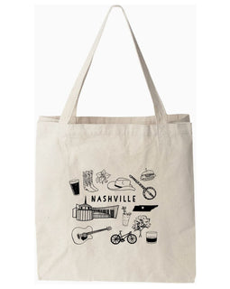 Natural cotton canvas tote bag with “Nashville” printed on the front, featuring sturdy handles and a roomy interior