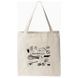Natural cotton canvas tote bag with “Nashville” printed on the front, featuring sturdy handles and a roomy interior