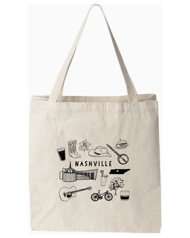 Natural cotton canvas tote bag with “Nashville” printed on the front, featuring sturdy handles and a roomy interior