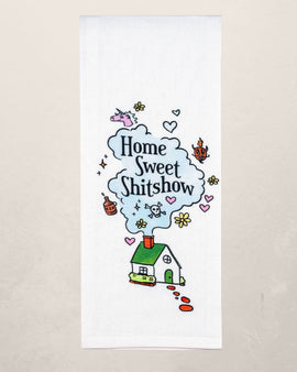 Funny Home Sweet Shitshow kitchen towel with illustrated house and playful graphics on white cotton dish towel