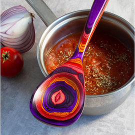 12.5" wooden kitchen utensil from the Waikiki Collection, crafted from layered birch with vibrant swirls of purple, red, orange, and pink.
