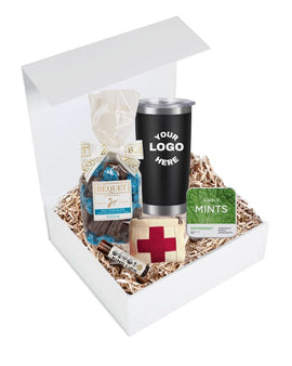 Corporate welcome gift box with customizable tumbler, salted chocolate caramels, peppermint mints, lip balm, and mini first aid kit
