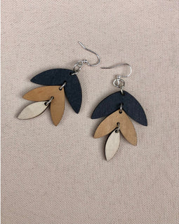 Triple-layered leaf earrings in earthy tones with silver stainless steel ear wires, measuring 1.65" x 1.2", lightweight wood design for everyday wear.