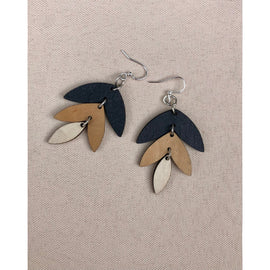 Triple-layered leaf earrings in earthy tones with silver stainless steel ear wires, measuring 1.65" x 1.2", lightweight wood design for everyday wear.