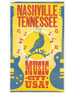 Hatch Show Print Bluebird Music City poster with bold vintage lettering in red and blue, sized 14" x 22", printed on heavyweight paper.