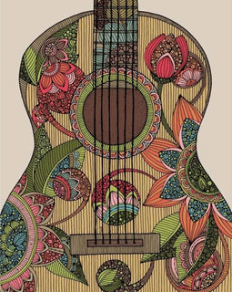 Colorful guitar art print by Valentina Harper, 8x10 inches, printed on matte card stock with intricate pen and ink details, signed on the back.