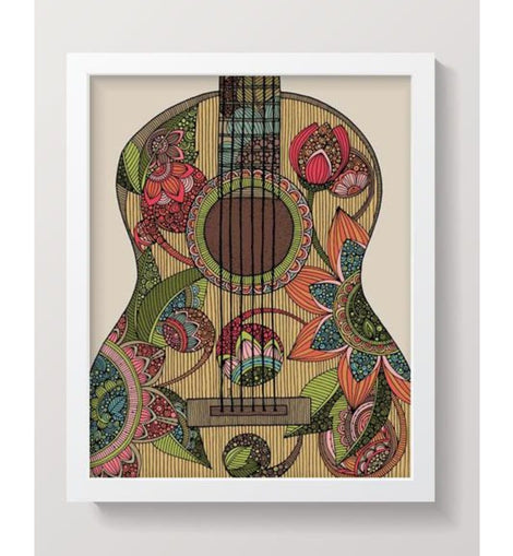 Colorful guitar art print by Valentina Harper, 8x10 inches, printed on matte card stock with intricate pen and ink details, signed on the back.
