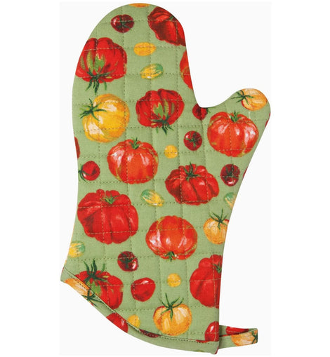 Heirloom Tomatoes kitchen mitt with red, orange, yellow, and green vegetable pattern, 13 inches long with quilted cotton and heat-resistant lining.
