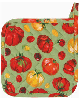 Square potholder with colorful heirloom tomato print in red, yellow, green, and orange; 8x8 inches with cotton outer and insulated fill.