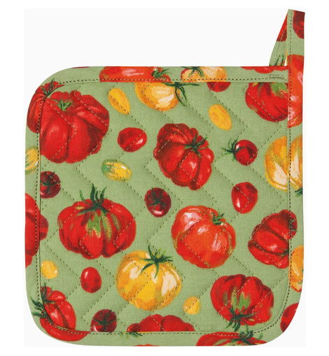 Square potholder with colorful heirloom tomato print in red, yellow, green, and orange; 8x8 inches with cotton outer and insulated fill.