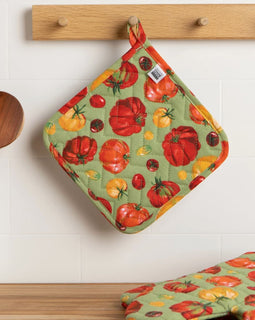 Square potholder with colorful heirloom tomato print in red, yellow, green, and orange; 8x8 inches with cotton outer and insulated fill.