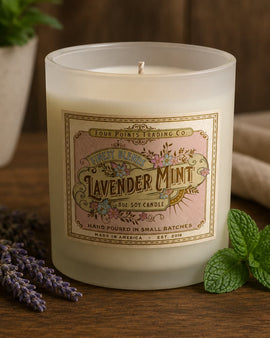 Candle with a label featuring lavender and mint, surrounded by lavender flowers and mint leaves on a wooden surface.