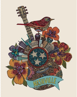 8x10 art print of a colorful guitar silhouette filled with the Nashville skyline, illustrated by Valentina Harper, printed on matte card stock and signed.

