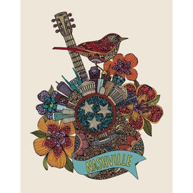 8x10 art print of a colorful guitar silhouette filled with the Nashville skyline, illustrated by Valentina Harper, printed on matte card stock and signed.

