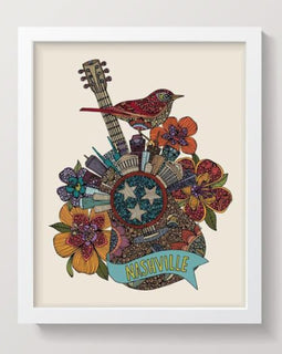 8x10 art print of a colorful guitar silhouette filled with the Nashville skyline, illustrated by Valentina Harper, printed on matte card stock and signed.

