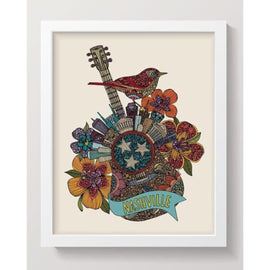 8x10 art print of a colorful guitar silhouette filled with the Nashville skyline, illustrated by Valentina Harper, printed on matte card stock and signed.

