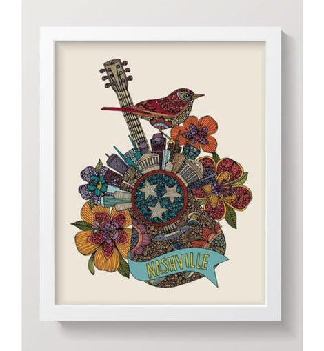 8x10 art print of a colorful guitar silhouette filled with the Nashville skyline, illustrated by Valentina Harper, printed on matte card stock and signed.

