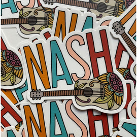Colorful “NASH” sticker featuring a guitar illustration by Valentina Harper, printed on waterproof, scratch-resistant vinyl.

