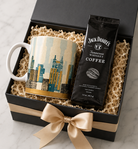 Gift set with mug and coffee package in a black box with a gold bow on a marble surface