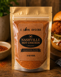 Packaging of Nashville Hot Chicken seasoning blend on a wooden surface with a burger in the background.