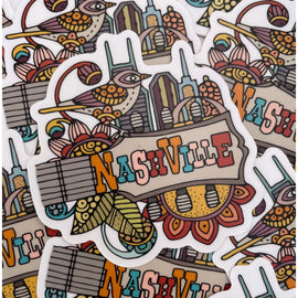 Vibrant Nashville Music City sticker designed by Valentina Harper, featuring colorful artwork printed on waterproof, scratch-resistant vinyl.

