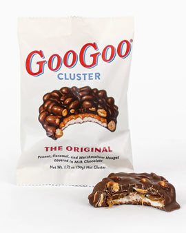 Goo Goo Cluster candy with packaging on a white background