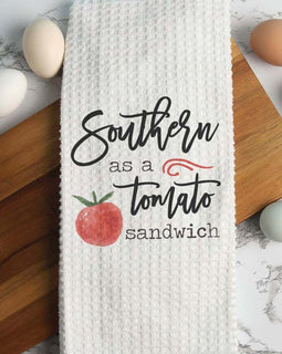 Southern As A Tomato Sandwich waffle weave kitchen towel in white, measuring approximately 16” x 24”, perfect for rustic or farmhouse-style kitchens.