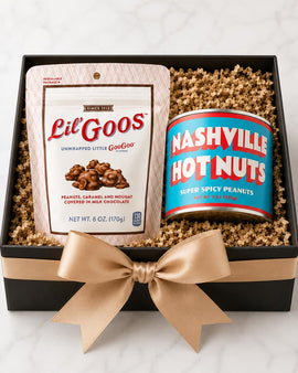 Gift box with 'Lil' Goos' and 'Nashville Hot Nuts' packaging on a white background