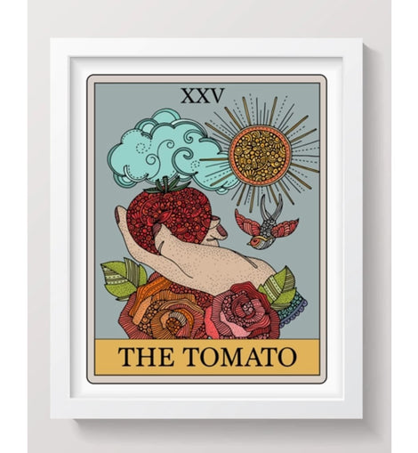 8x10 art print of a whimsical tomato-themed tarot card by Valentina Harper, printed on matte card stock and hand-signed on the back.