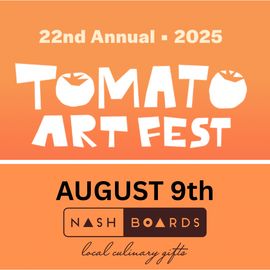 Nash Boards vendor booth at Tomato Art Fest in East Nashville, displaying handcrafted wooden boards, kitchen gifts, and tomato-themed accessories.

