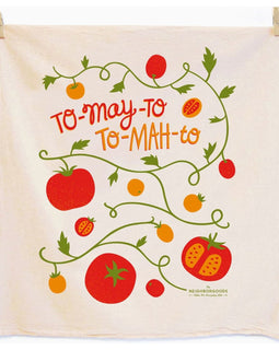 Tomato-themed cotton tea towel with “To-may-to, to-mah-to” design
