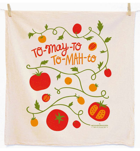 Tomato-themed cotton tea towel with “To-may-to, to-mah-to” design